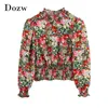 Boho Floral Print Womens Tops en Blouses Puff Sleeve Hollow Out Shirt Elastische Taille Holiday Blouse Top Camisas Mujer 210515