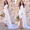 Bohemian High Low Lace Bröllopsklänningar Brudklänningar En linje Långärmad Land Boho Beach Bride Dress Split Front Elfenben och Champagne