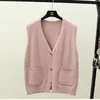 Knitted Vest Women's Spring Autumn Short Korean Version Loose V-neck Pocket Sleeveless Sweater Vest Cardigan Women Coat 211008