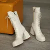 Real Leather Platform Super High Heel Mid Calf Boots Woman Shoes Square Toe Zip Cross Tied Block Lady Beige 210517