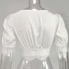 Colysmo Branco cetim blusa mulheres sexy profundamente profundo v-pescoço curto manga vintage verão tops casuais camisa de renda única de peito 210527