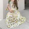Summer Streetwear Vintage Yellow Floral Printed Party Dress Women Puff Sleeve Female Cute Sweet A-line Boho Holiday Long 210514