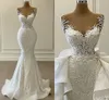 Luxury 3d Lace Mermaid Bröllopsklänning 2022 Romantisk Illusion Pärlor Tulle Neck Bridal Gowns Robe de Mariage Vestido Noiva