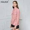 Frauen Rosa PU-Kunstlederjacke mit Gürtel Langarm Mode Taschen Mantel Damen Umlegekragen Oberbekleidung 210508