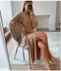 Cotton Long Women Knitted Wrap Dress Autumn Winter Oversize Elegant Day Sexy V Neck Knitwear Robe dress Ladies Clothes 210427