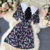 Floral Print Dress Women's Summer Fashion Sailor Collar Stitching Short Sleeve Elegant Vestidos L672 210527