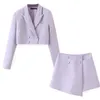 Vintage Sexy Zweireiher Knopf Kurze Frauen Blazer Hohe Taille Unregelmäßige Shorts Kurze Hosen Langarm Anzüge 2 Stück Set 210707