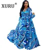 XURU Women Long Maxi Dress Floral Printed Long Sleeve V Neck Belted Chiffon Dresses Casual Beach Loose Dress Plus Size S-3XL-5XL X0521