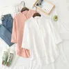 Zomer vrouwen losse 3/4 mouw wit shirts All-matched casual v-hals mori meisje blouse 100% katoen blusas femme S946 210512