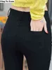 Корейский стиль женские повседневные тощие стрейч-карандаш брюки молния щипцы черные леггинсы с карманными женщинами высокая талия leggins mujer 211203
