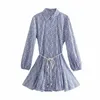 ZA Blue Print Belt Shirt Dress Women Elegant Long Sleeve Summer Mini Dresses Female Fashion Flounced Hem Vestidos 210602