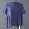 [EAM] Dames Blue Pocket Irreguar Big Size Casual T-shirt Ronde hals Korte Mouw Mode Lente Zomer 1DD6735 210512