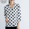Мода одежда женская шелковая блузка три четверть рубашки топы старинные шифон сатин в горошек 5260 50 210506