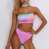2021 Sommer Damen Tie-Dye Allmählicher Split Sexy trägerloser Strand-Badeanzug Dreiteiliges Set Badebekleidung Versandfertig
