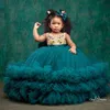 2021 Hunter Green Lace Flower Girl Vestidos Vestido de Baile Sheer Neck Tulle Lilttle Kids Birthday Pageant Wedding Gowns284h