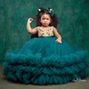 2021 Hunter Green Lace Flower Girl Dresses Ball Gown Sheer Neck Tulle Lilttle Kids Birthday Pageant Wedding Gowns332R