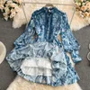 Casual Dresses Uulutonica Spring Autumn Women Elegant Fashion A-Line Print Full Hollow Out Kne-Length Lantern Sleeve Empire Stand236p