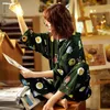 2024Women Pajamas 2 PCS Sets Autumn Printed Sleeve V Neck Buttons Sleepwear Pijamas Cartoon Homewear Long Pants Casual Pyjamas 210619