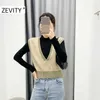 Zevity Women Fashion V Neck Patchwork Stickning Vest Jacka Kontor Ladies Ärmlös Casual Slim Waistcoat Chic Tops S416 210603