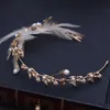 Himstory Baroque Vintage Gold Feather Crystal Pearl Headband Rhinestone Leaf Flower Hairband Wedding Hair Jewelry Accessories X0625