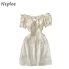 Neploe Sexy Slash Neck Shoulder Strapless Temperament Dress Women High Waist Hip A Line Slim Vestidos Short Sleeve Solid Robe 210423