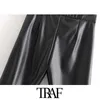 TRAF Женщины старинные стильные искусственные искусственные кожи узкие брюки мода боковая молния эластичная талия стрейч тонкий подходящий женский лодыжка 210915