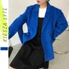 패션 숙 녀 코듀로이 블레이저 여성 한국어 로얄 블루 슈트 자켓 Chic Streetwear Outwear 210608