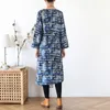 Johnature Blue Ramie Bandage платье для женщин DOT TONT рукав халаты китайский стиль осень V-образным вырезом высококачественные платья 210521