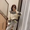 Zima Biały żakardowy sweter z dzianiny Kobiety Kontrast Pullover Oversized Argyle Kobieta Swetry Z Długim Rękawem Jesienne Odzież 210430