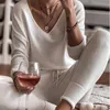 Solide V-ausschnitt frauen Pyjamas Set Weibliche Hause Kleidung Langarm Top Und Kordelzug Lange Hosen Frühling Herbst Casual Pyjama 210518