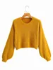 Stickad Beskuren Pullover Tröja Kvinnor Höst Vinter Vintage Lantern Sleeve Yellow Fuzzy Short Jumper Fluffy Pull 210427