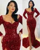 Funkelnde Pailletten Abschlussball Kleid Glitter Lange Ärmel Sexy Split Mermaid Abendkleider Sweep Zug Roter Teppichkleid Sonderanfertigte Robe de Soiree