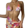 Trójkąt Trójkąt Bikini Backless Sarong Bandaż Swimsuit Stitching Kolor Drukuj Sexy Zestawy Kobiet LR1205 210531