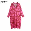 [DEAT] Red Women Loose Printing Long Sleeve Knee-length Turn-down Collar Elegant Dress Fashion Spring Autumn 13C356 210527