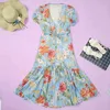 Kobiety Moda V Neck Bow Tie Sastes Suknie Dorywczo Femme Vestidos Za Vintage Stylowy FloralPrint Plised Szyfonowy Midi Boho Dress 210510