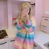 Harajuku stil kpop randig lös tröja kvinnor våren långärmad pullover kawaii kläder färgglada regnbåge student flicka toppar 210803