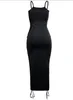 Sexy Damen-Maxikleid mit Schnürung, figurbetont, lang, Spaghettiträger, ausgehöhlt, rückenfrei, gestrickt, gerippt, Bandage, Clubwear, Rot, Schwarz, S-XL