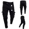 Jeans masculins Black Men Denim Skinny Biker détruit Pantalon de cargaison de poche Slim Fit Flay