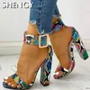 Summer Women Shoes Snakeskin Ankle Buckled Sandals Chunky Heeled Open Toe Leopard Party