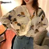 Koreanische Lose Beiläufige V-ausschnitt Frauen Blusen Drei Viertel Hülse Hemd Eleganten Druck Floral Tops Bluse Blusas 10198 210512