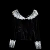 Lace Contrast Stitching Temperament V-Neck Slim Fit All-Match Retro Velvet Blus Kvinnors Bottom T Shirt UK143 210507