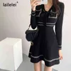 Bow Stickad Mini Dress Långärmad En Linje Tröja Vestido Corto Elegant Vintage Winter Black Office Koreanska Runway Fall 2020 Robe G1214