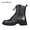SOPHITINA Women Boots New Comfortable High Quality Leather Black Motorcycle Boots Zipper On Both Sides Lace Up Women Shoes SC845 K78