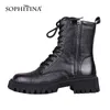 SOPHITINA Frauen Stiefel Neue Komfortable Hohe Qualität Leder Schwarz Motorrad Stiefel Reißverschluss Auf Beiden Seiten Lace Up Frauen Schuhe SC845 K78