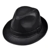 Breda rand hattar mode äkta läder gentleman fedora hatt män höst vinter solid svart vintage pappa chapeau cowhide cap panama jazz