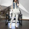 2021 Spring Fashion Streetwear Denim Jacket Women Pearls Beading Bling Sequines Hio Hop Pants Jogger Pants Two-piece Set TZ52 X0428