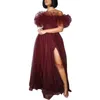 Robes élégantes femmes de charme Slash cou volants en cascade manches papillon taille haute fente longueur de plancher plus la taille robe robe 211115