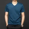 Luxo Alta Qualidade Verão Silk Mulberry Silk V Líder Slim Slim de Manga Curta T-shirt Fina Gelo Confortável T-shirt dos homens 210531