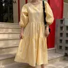 Korejpaa Kobiety Sukienka Korea Chic Lato Retro Sweet V-Neck Plised Loose Latarnia Rękaw Plaid Sukienka Długa Prosta Spódnica Kobieta 210526