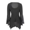 Yitonglian Women Flare Sleeve Round Neck Vintage Style Lace Black Punk Blouse Shirt Elegant Top Långärmad Tee H376 220311